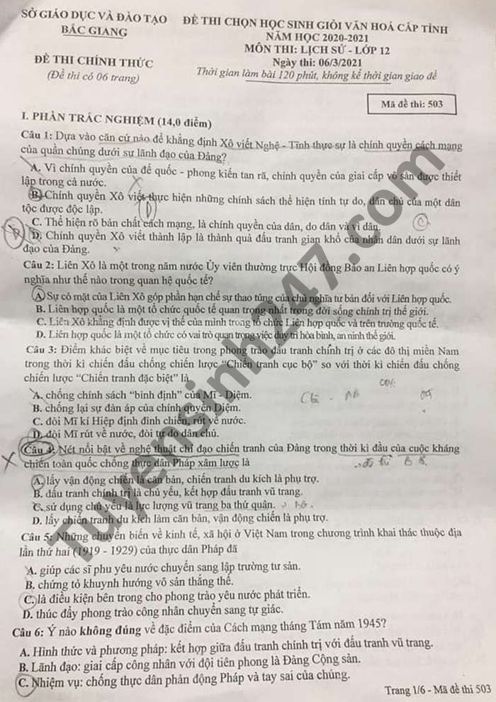 De thi chon hoc sinh gioi cap tinh 2021 mon Su lop 12 tinh Bac Giang