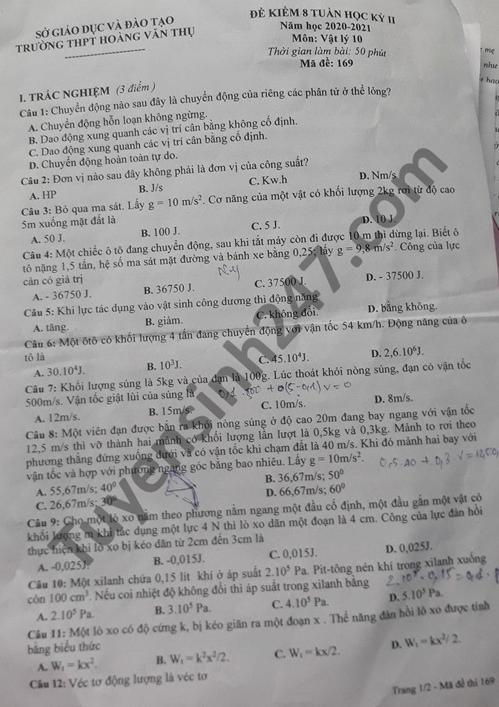 De kiem tra 8 tuan ki 2 THPT Hoang Van Thu 2021 mon Ly lop 10