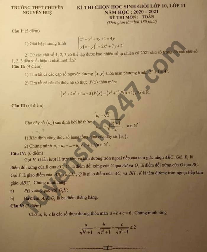 De thi chon hoc sinh gioi lop 10, lop 11 THPT chuyen Nguyen Hue 2021 mon Toan