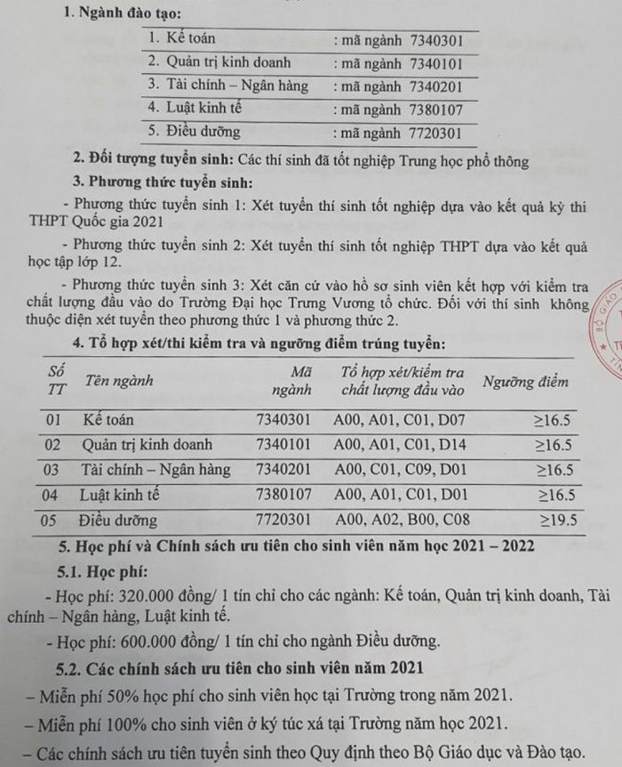 Phuong an tuyen sinh Dai hoc Trung Vuong 2021