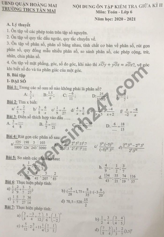 De cuong giua ki 2 mon Toan lop 6 THCS Tan Mai 2021