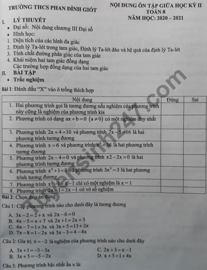 De cuong giua ki 2 mon Toan lop 8 THCS Phan Dinh Giot 2021