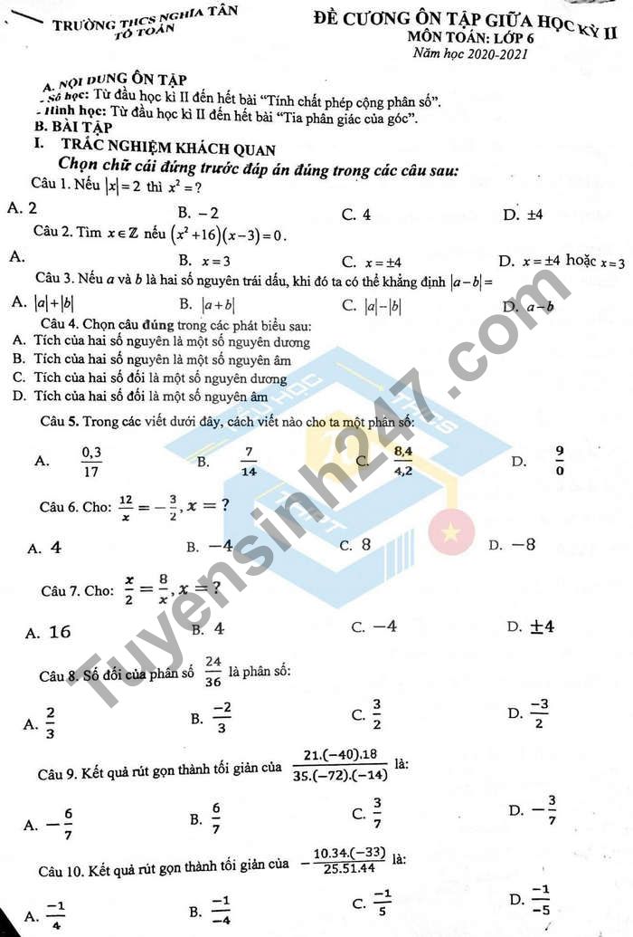 De cuong on tap giua ki 2 mon Toan lop 6 THCS Nghia Tan 2021
