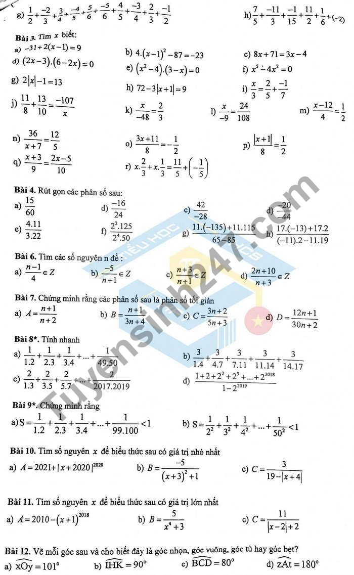 De cuong on tap giua ki 2 mon Toan lop 6 THCS Nghia Tan 2021