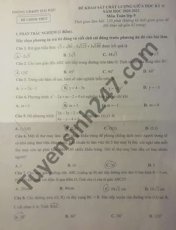 De thi giua ki 2 mon Toan lop 9 huyen Hai Hau nam 2021