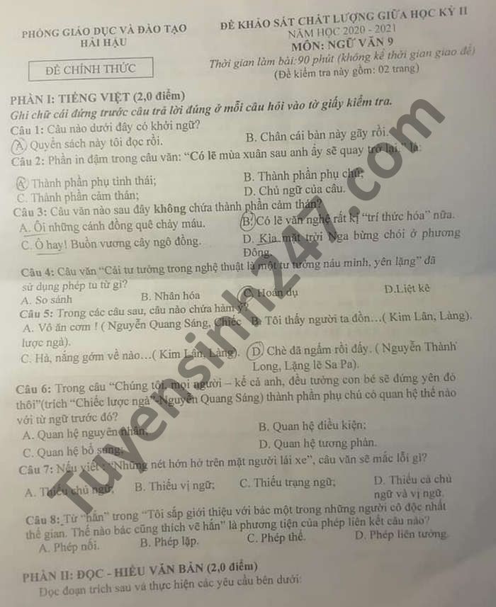 De thi giua ki 2 nam 2021 huyen Hai Hau mon Van lop 9