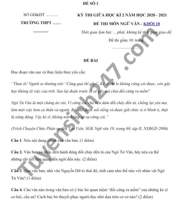 De luyen thi giua ki 2 nam 2021 mon Van lop 10 - co dap an