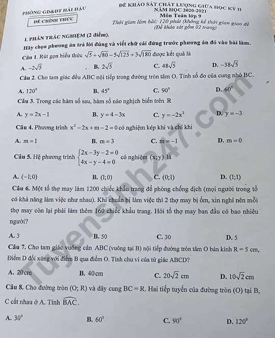 De thi giua ki 2 lop 9 mon Toan 2021 - Phong GD Hai Hau