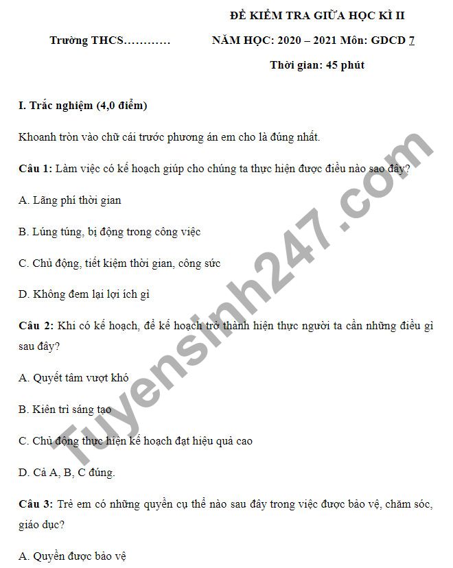 De thi giua hoc ki 2 nam 2021 mon GDCD lop 7 - Co dap an
