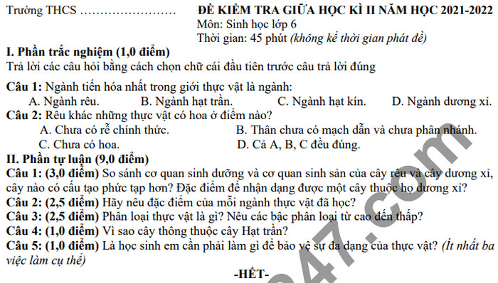 De kiem tra giua ki 2 lop 6 mon Sinh nam 2021 - Co dap an