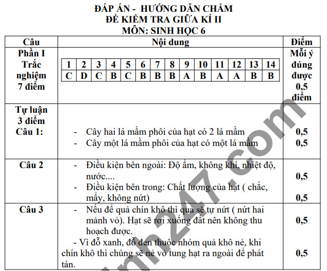 De thi giua ki 2 nam 2021 mon Sinh lop 6 - Co dap an