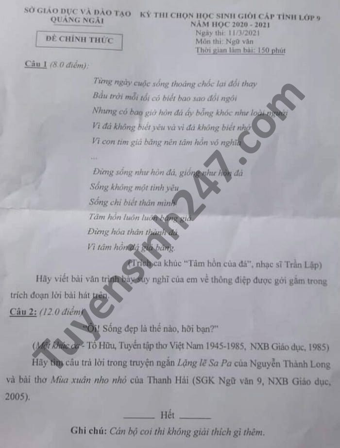 De thi hoc sinh gioi cap tinh lop 9 mon Van tinh Quang Ngai 2021