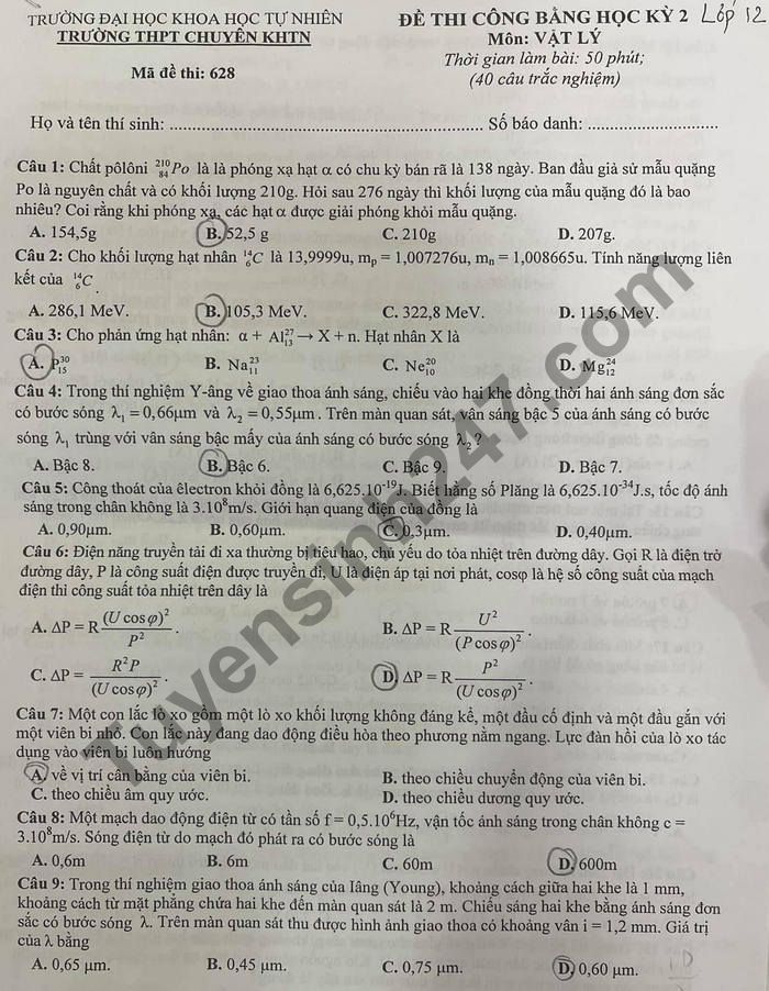 De thi cong bang hoc ki 2 THPT Chuyen KHTN lop 12 mon Ly 2021