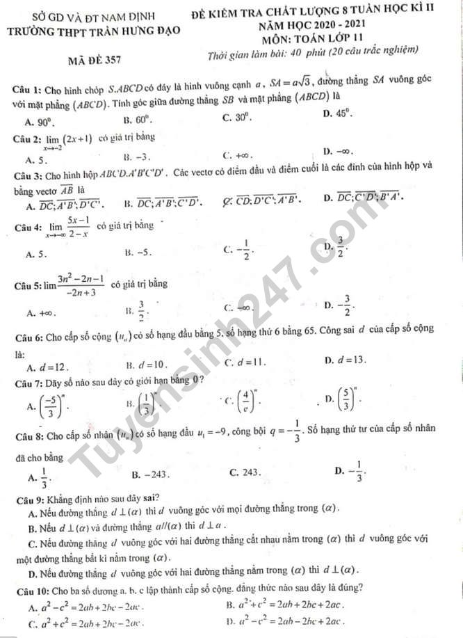 De thi giua ki 2 mon Toan lop 11 - THPT Tran Hung Dao 2021