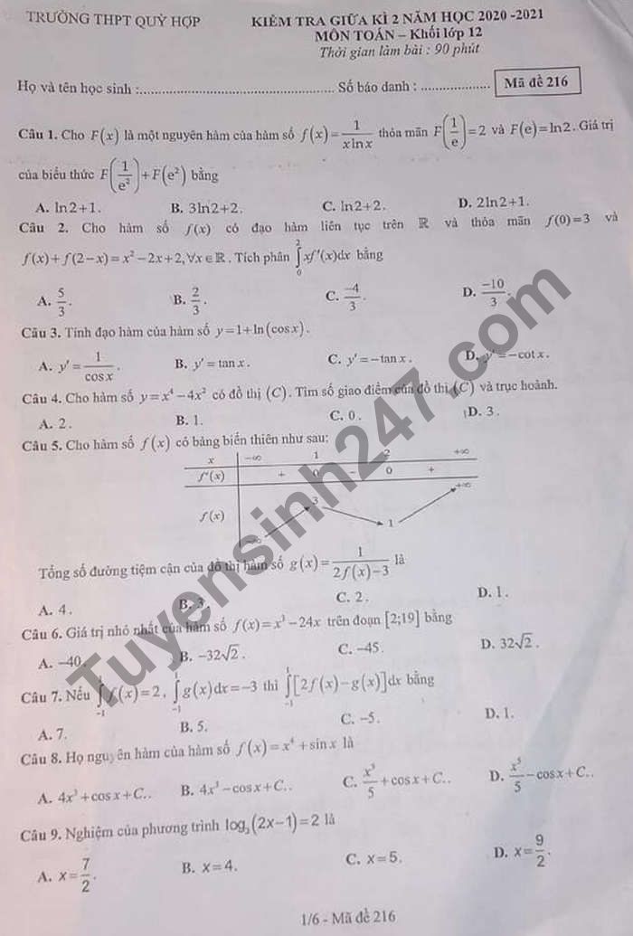 De thi giua ki 2 mon Toan lop 12 THPT Quy Hop 2021