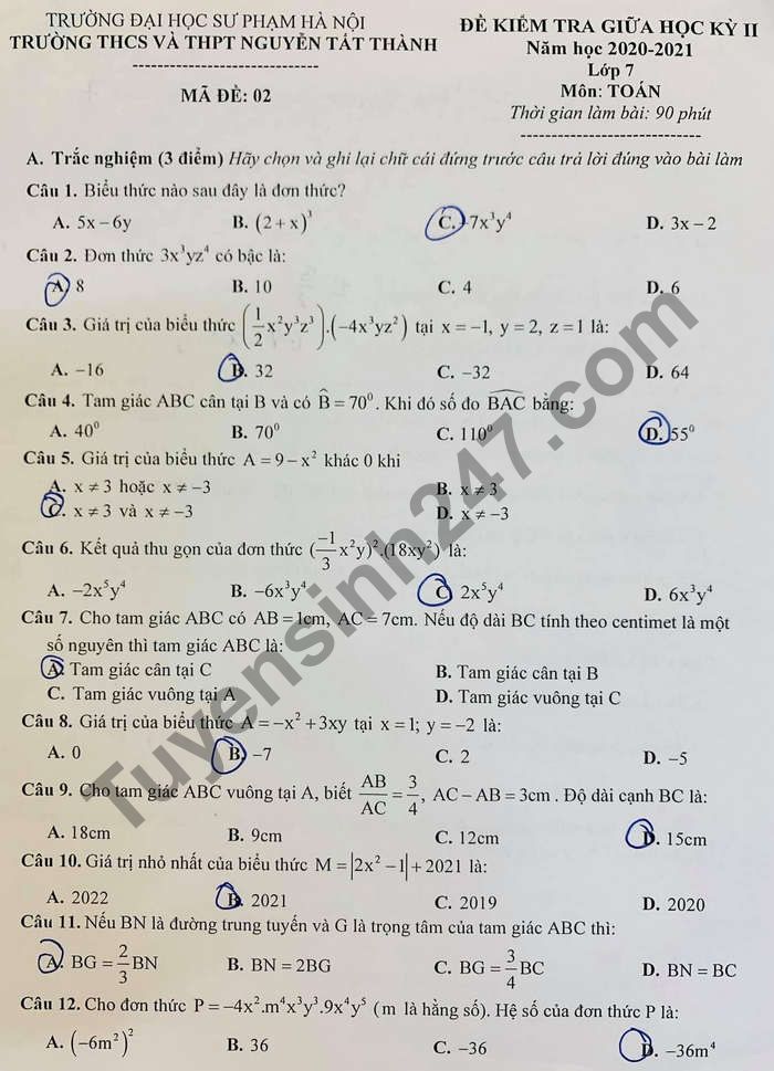 De thi giua ki 2 mon Toan lop 7 THCS&THPT Nguyen Tat Thanh 2021