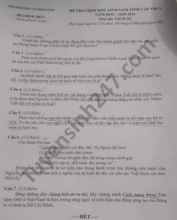 De thi hoc sinh gioi tinh cap THCS mon Su tinh Dak Nong 2021