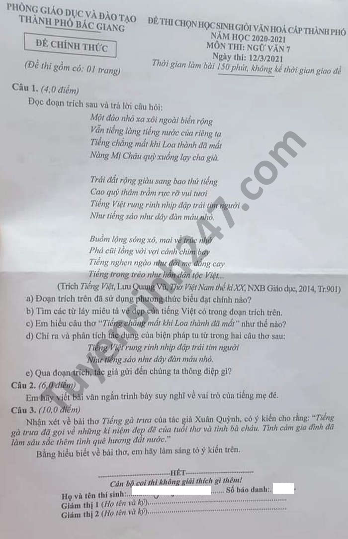 De thi hoc sinh gioi cap thanh pho 2021 TP Bac Giang mon Van lop 7