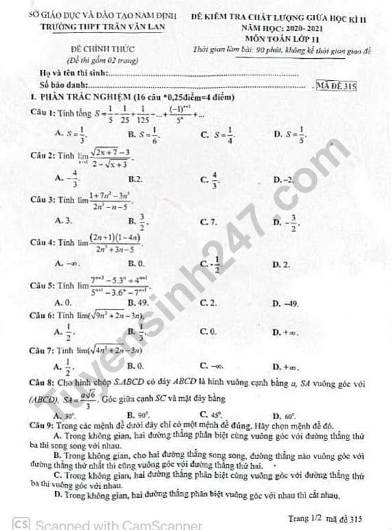 De thi giua ki 2 lop 11 mon Toan - THPT Tran Van Lan 2021