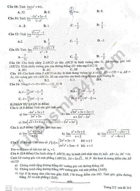 De thi giua ki 2 lop 11 mon Toan - THPT Tran Van Lan 2021