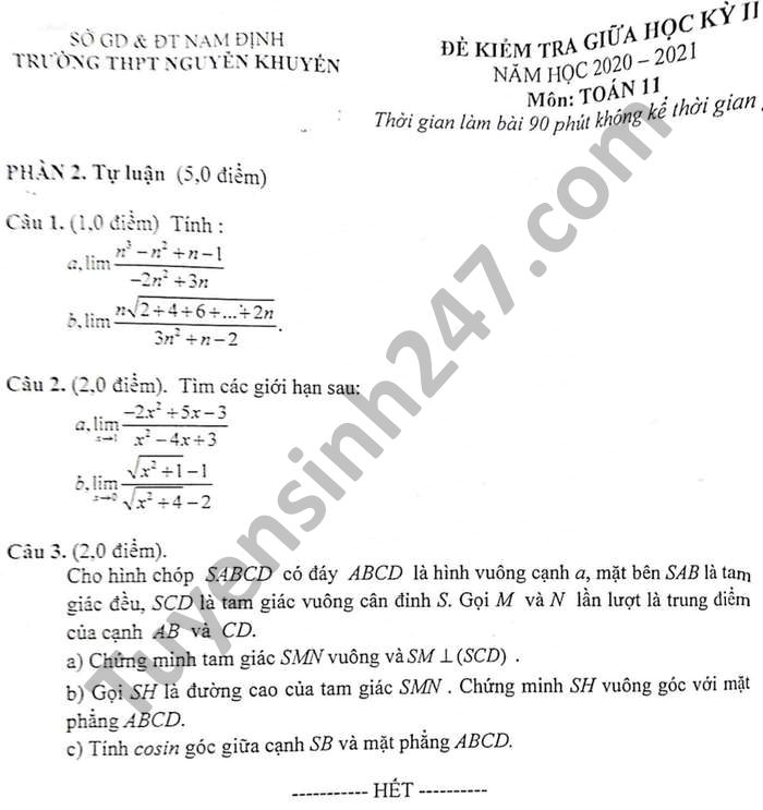 De thi giua hoc ki 2 nam 2021 Toan lop 11 THPT Nguyen Khuyen