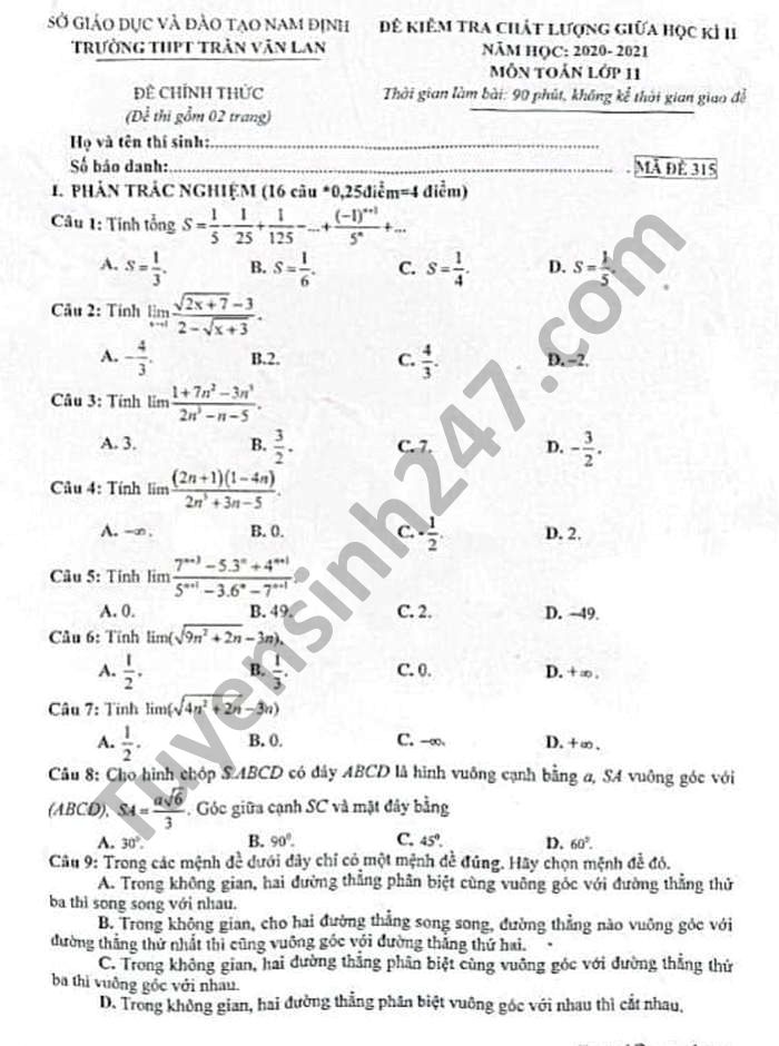 De thi giua hoc ki 2 lop 11 THPT Tran Van Lan nam 2021 mon Toan