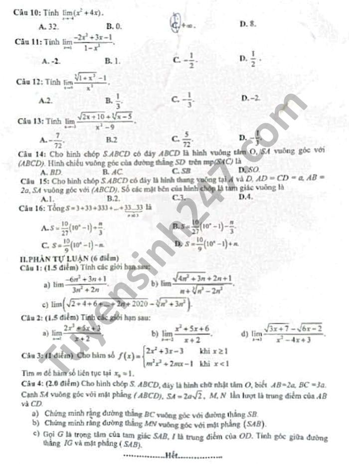 De thi giua hoc ki 2 lop 11 THPT Tran Van Lan nam 2021 mon Toan