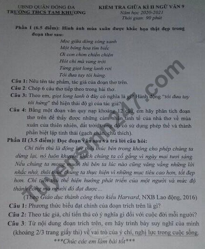 De thi giua ki 2 nam 2021 THCS Tam Khuong lop 9 mon Van