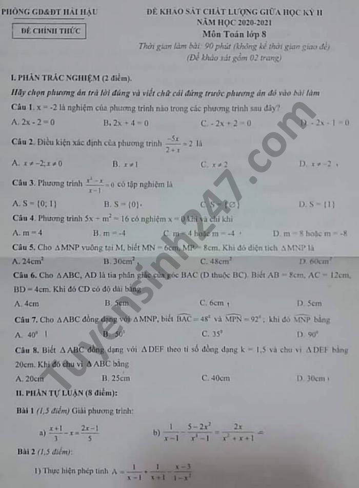 De thi giua ki 2 huyen Hai Hau mon Toan lop 8 nam 2021