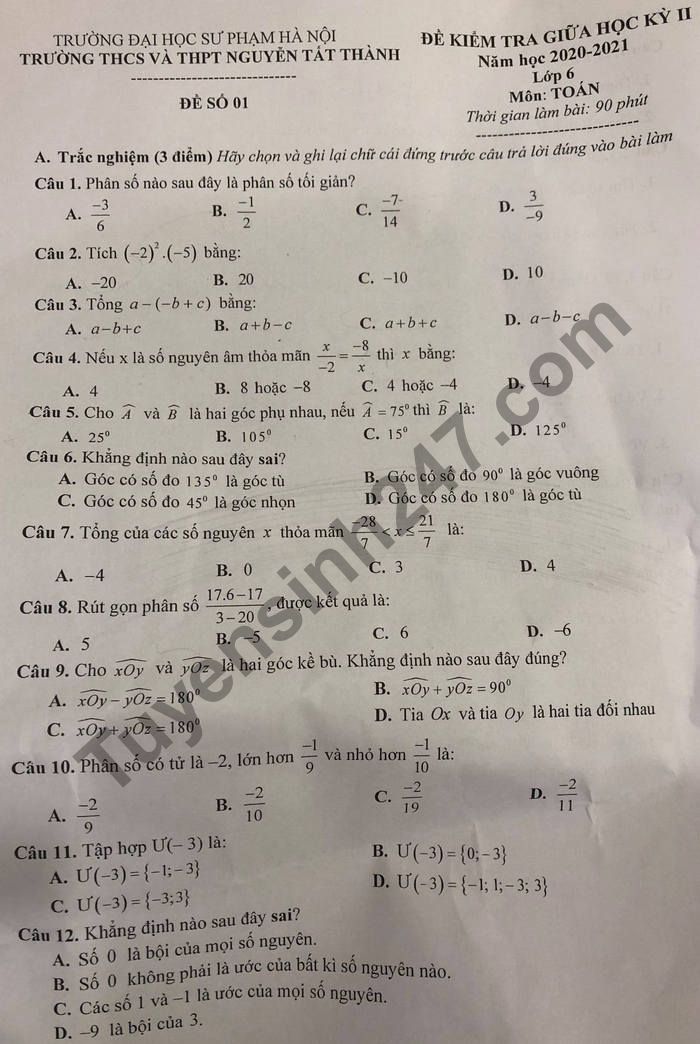 De thi giua ki 2 lop 6 THCS-THPT Nguyen Tat Thanh 2021 mon Toan