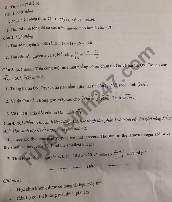 De thi giua ki 2 lop 6 THCS-THPT Nguyen Tat Thanh 2021 mon Toan