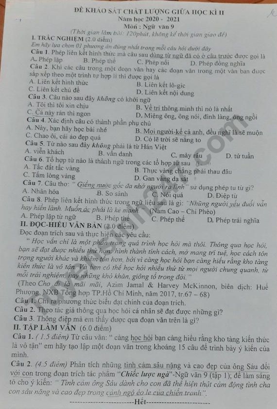 De thi giua ki 2 lop 9 mon Van - Phong GD Nam Truc 2021