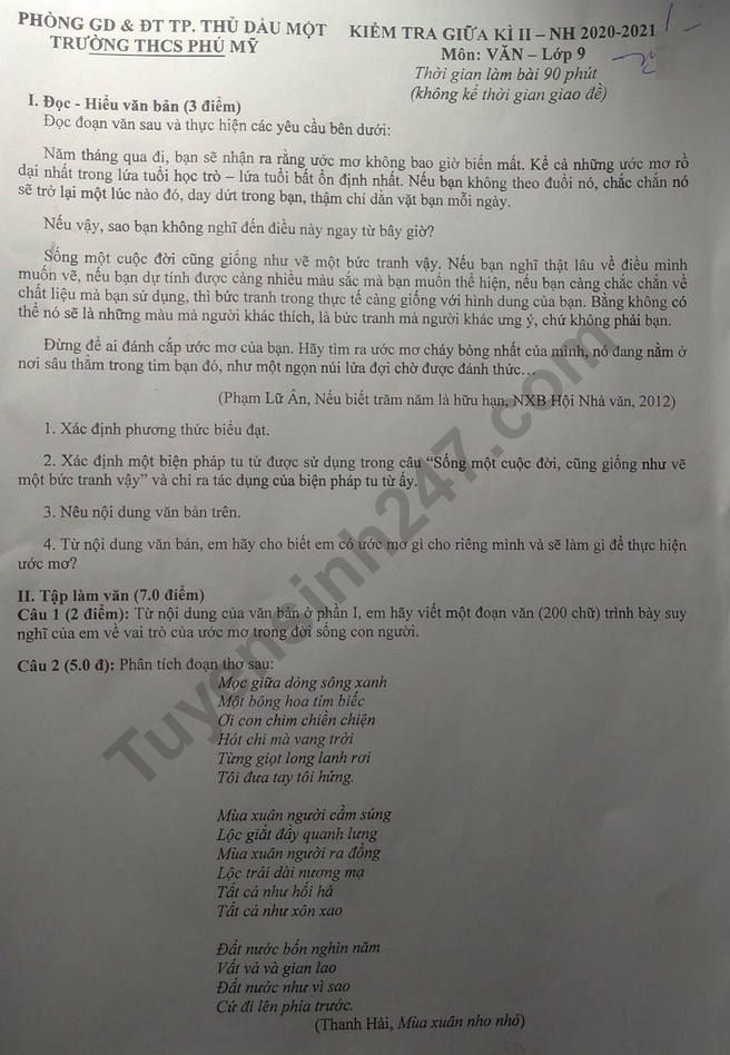 De thi giua ki 2 mon Van lop 9 nam 2021 - THCS Phu My
