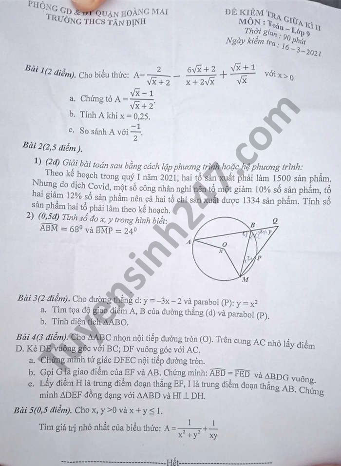 De thi giua ki 2 lop 9 THCS Tan Dinh mon Toan nam 2021
