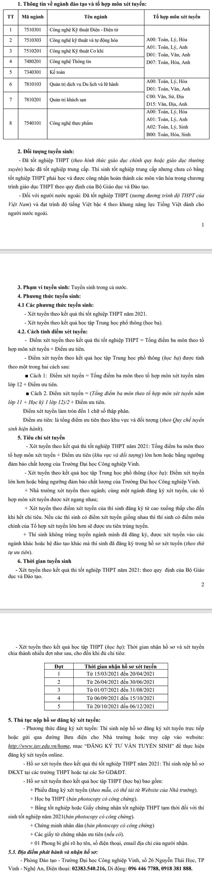 Phuong thuc tuyen sinh DH Cong Nghiep Vinh nam 2021