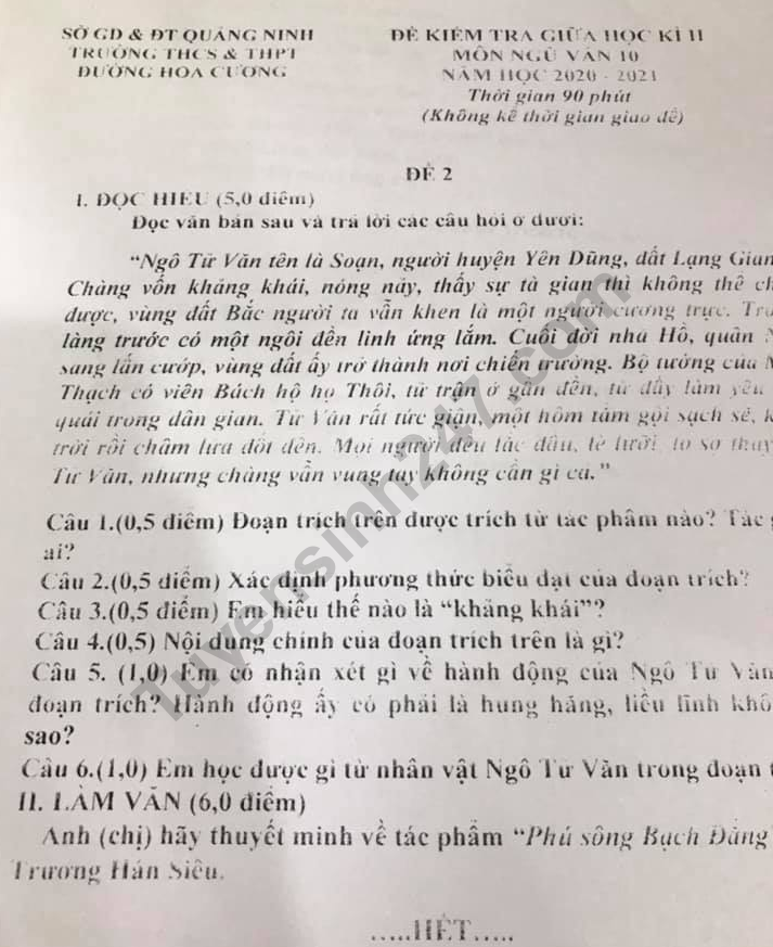 De thi giua ki 2 mon Van lop 10 nam 2021 - THPT Duong Hoa Cuong