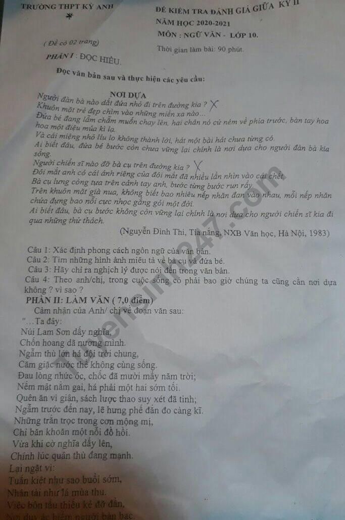 De thi giua ki 2 lop 10 mon Van 2021 - THPT Ky Anh