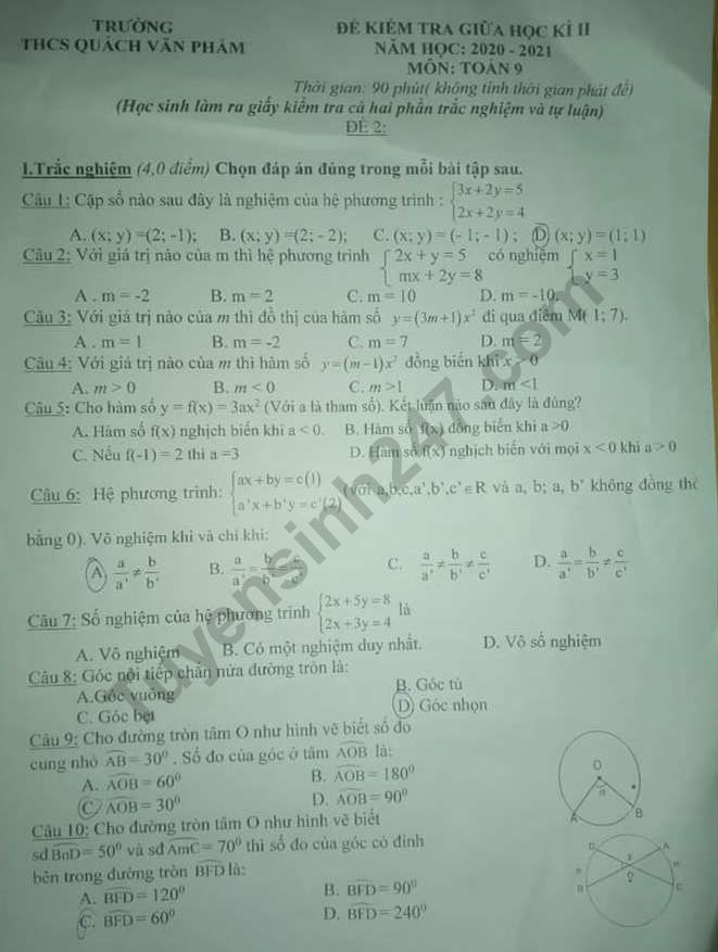 De thi giua ki 2 lop 9 mon Toan - THCS Quach Van Pham 2021