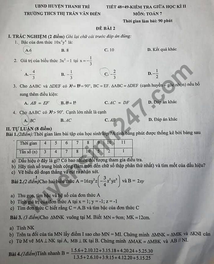 De thi giua ki 2 mon Toan lop 7 THCS Thi Tran Van Dien 2021