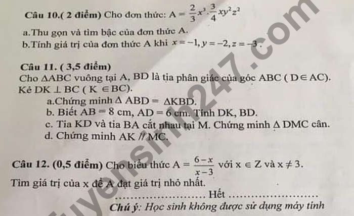 De thi giua hoc ki 2 lop 7 mon Toan nam 2021 - THCS Chu Van An
