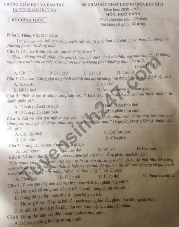 De thi giua hoc ki 2 nam 2021 mon Van 9 - Huyen Xuan Truong