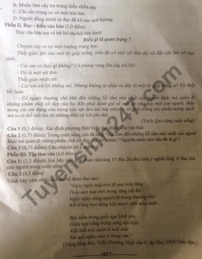 De thi giua hoc ki 2 nam 2021 mon Van 9 - Huyen Xuan Truong