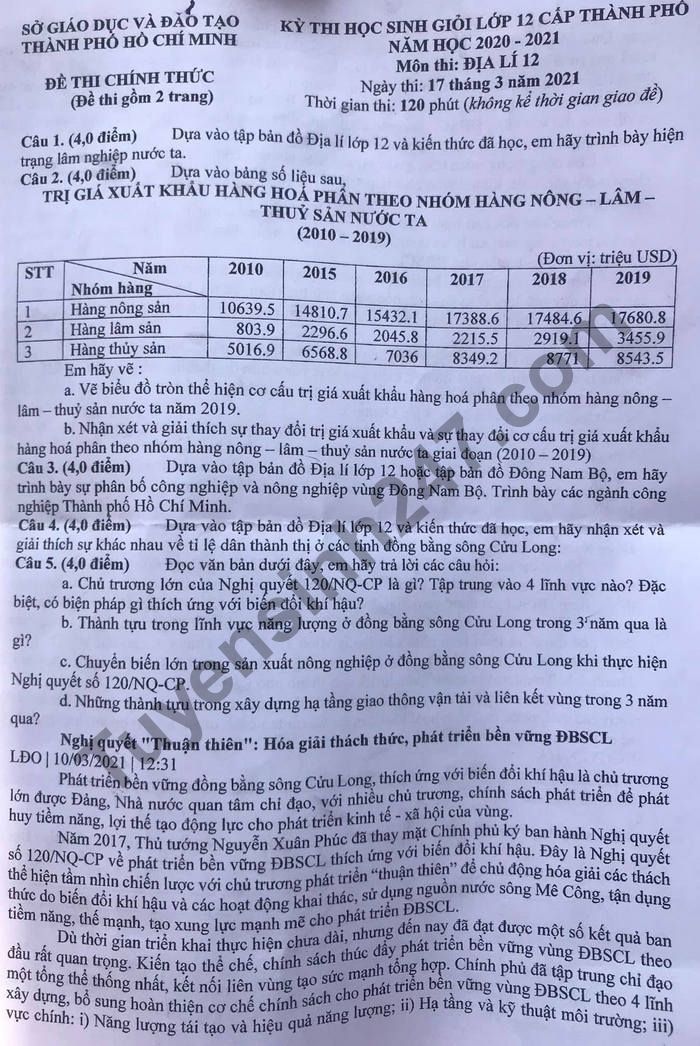 De thi hoc sinh gioi lop 12 cap TP mon Dia - TPHCM 2021