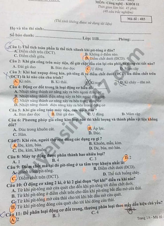 De thi giua ki 2 Cong Nghe lop 11 THPT Nguyen Binh Khiem 2021