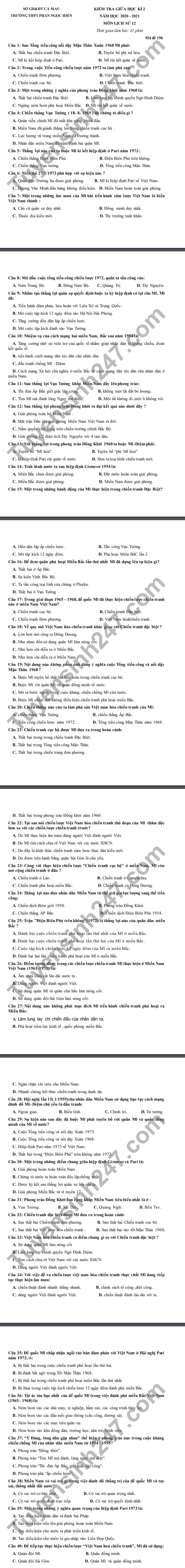 De thi giua ki 2 nam 2021 THPT Phan Ngoc Hien mon Su lop 12