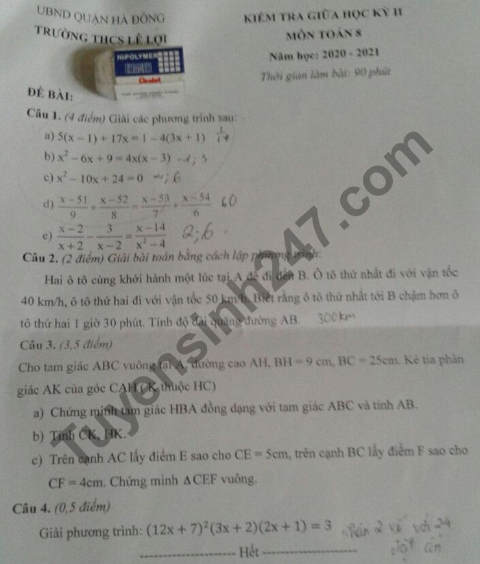 De thi giua hoc ki 2 nam 2021 lop 8 mon Toan - THCS Le Loi