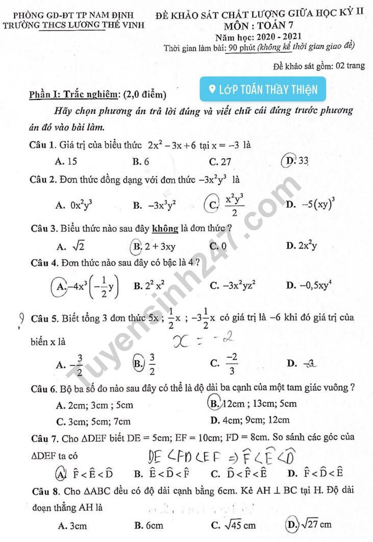 De thi giua ki 2 lop 7 mon Toan - THCS Luong The Vinh 2021