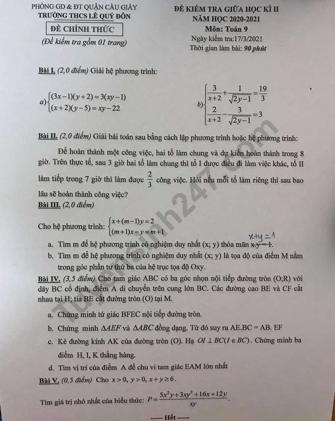 De thi giua ki 2 lop 9 mon Toan 2021 - THCS Le Quy Don