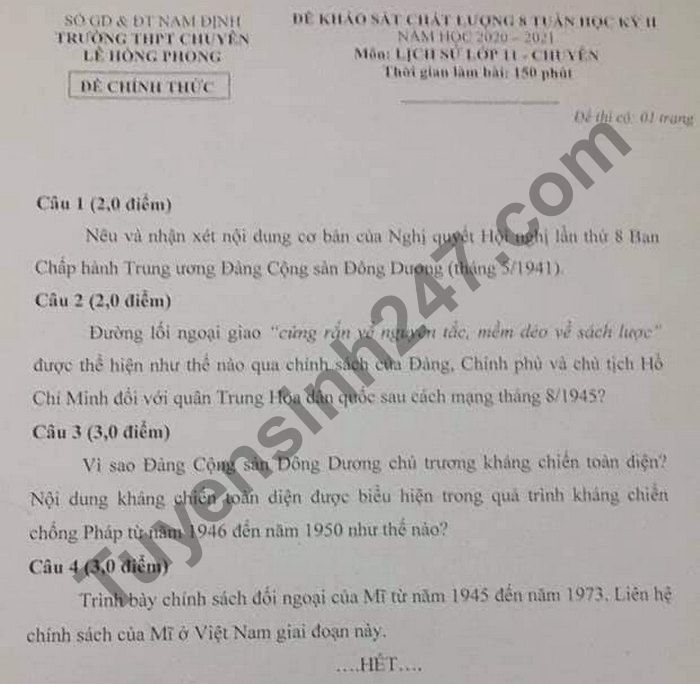 De thi giua ki 2 lop 11 mon Su nam 2021 THPT Chuyen Le Hong Phong