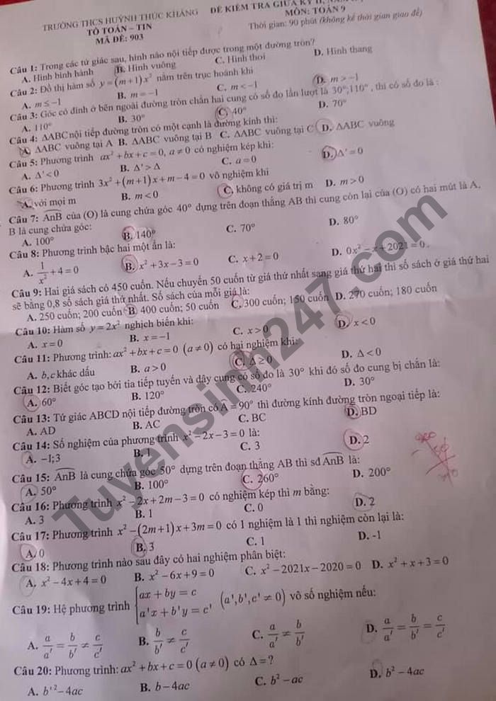 De thi giua ki 2 nam 2021 THCS Huynh Thuc Khang lop 9 mon Toan